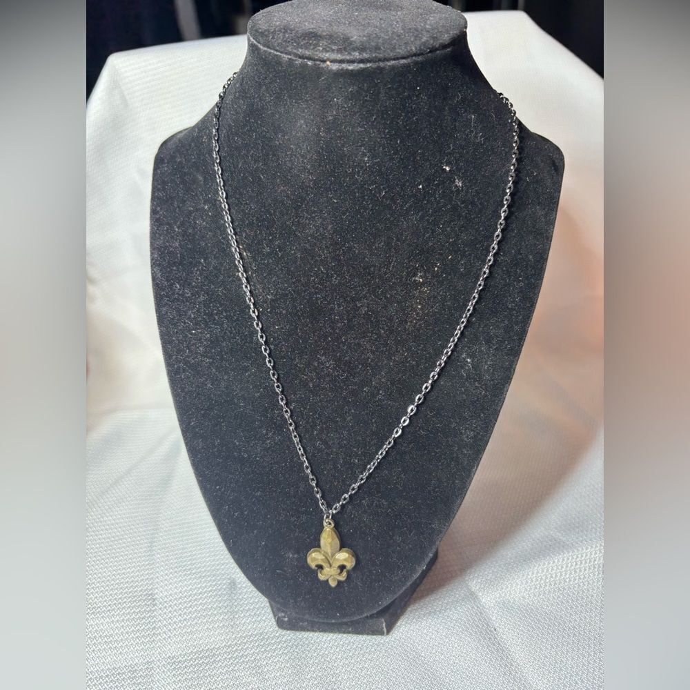 Fleur de Lis Pendant & 18” Gunmetal Stainless Steel Necklace NWOT